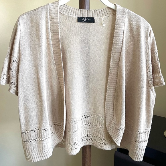 Beige/Tan Shrug with Crochet Sleeves & Hem. L - Picture 1 of 7